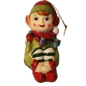Mr Christmas Ceramic Elf Holding Lights Ornament Christmas Holiday Decor